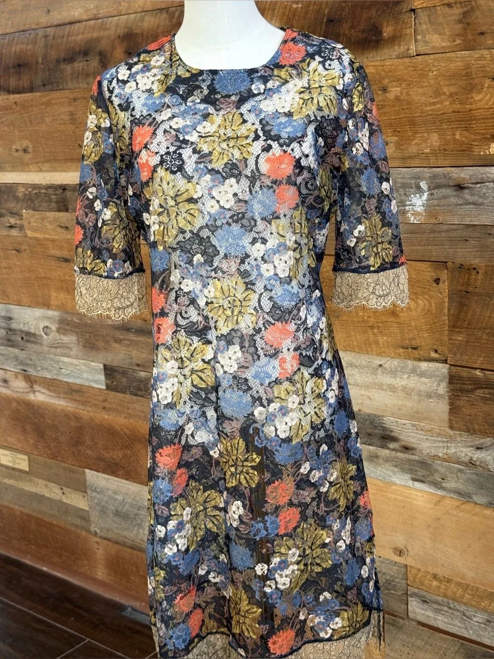 Petit Pois by Viviana G Floral Nylon Mesh Lace Trim Sheath Back Zip Dress EUC